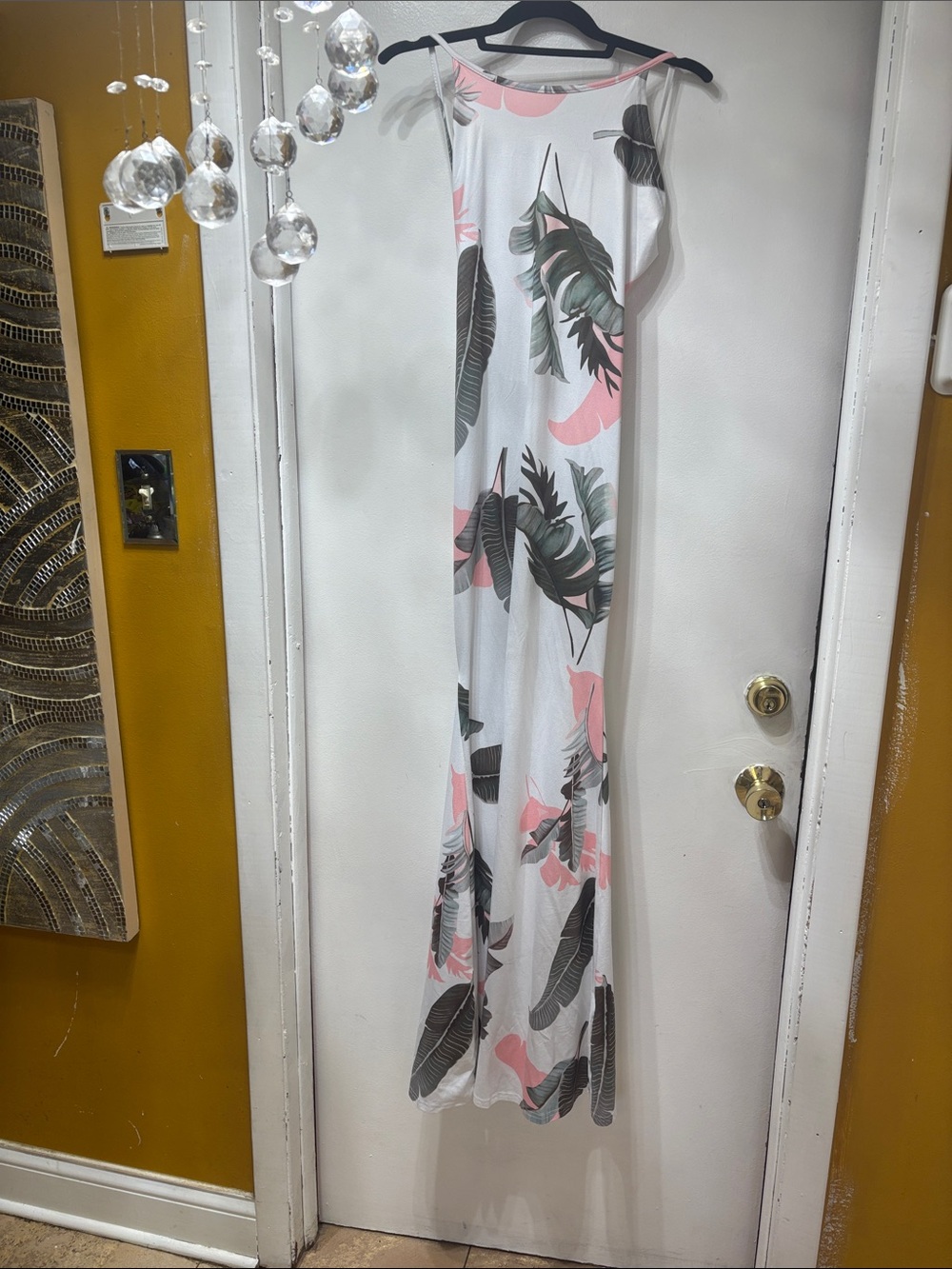 SHEIN White Tropical Print Sleeveless Jumpsuit with Pink & Green Leaves